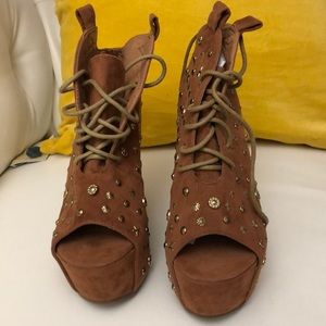 Brown and gold peep toe wedges